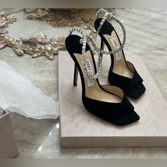 Jimmy Choo Saeda Sandal 100, Black Suede Sandals with Crystal Embellishment - Picture 1 of 5